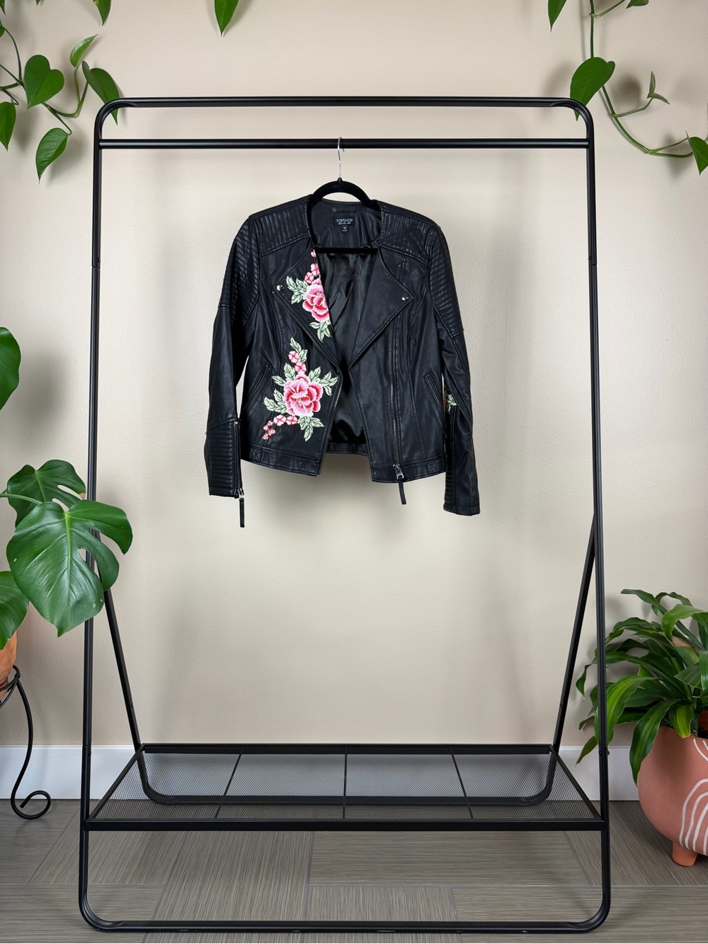 Topshop Black Faux Leather Moto Jacket with Pink Rose Embroidery